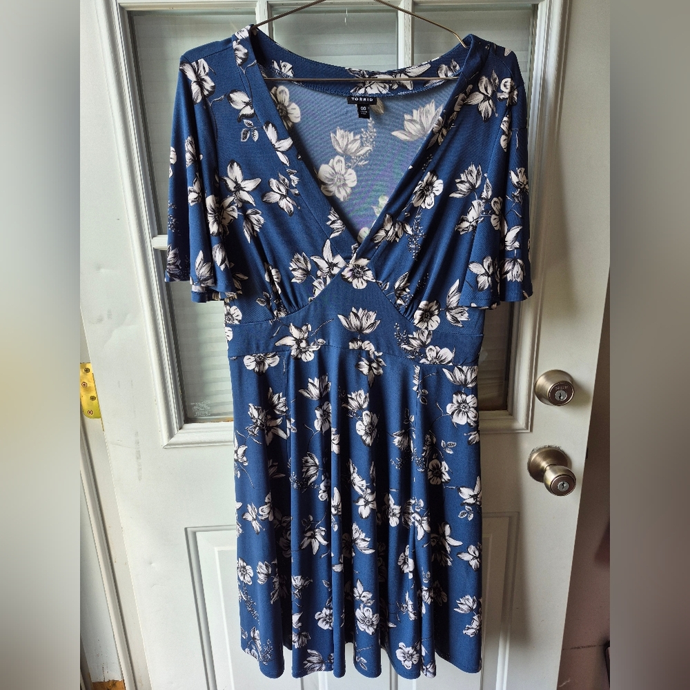 Torrid Blue and White Flutter Sleeve Wrap Midi Dress
